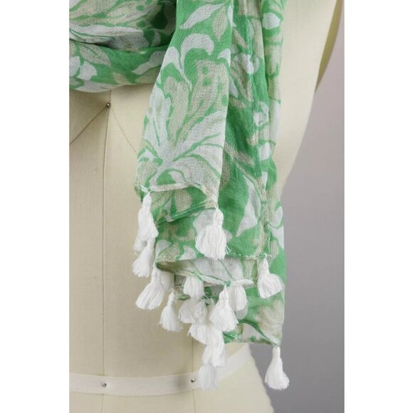 ANN TAYLOR FLORAL PRINT LONG WRAP GREEN TASSELS OS - Picture 3 of 6
